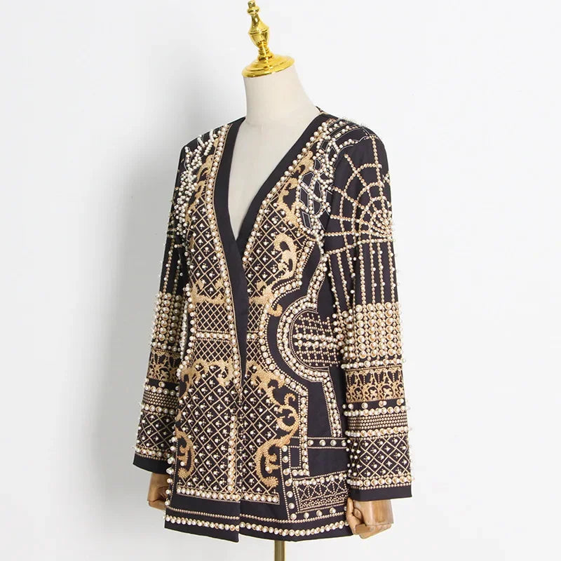 🍒Middellengte-jasse swart blazer met pêrels langmou V-nek-baadjie volmou met ingewikkelde borduurwerk-pêrelbesonderhede nuwerwetse klassieke klere geleentheidsklere Vier Sierlik