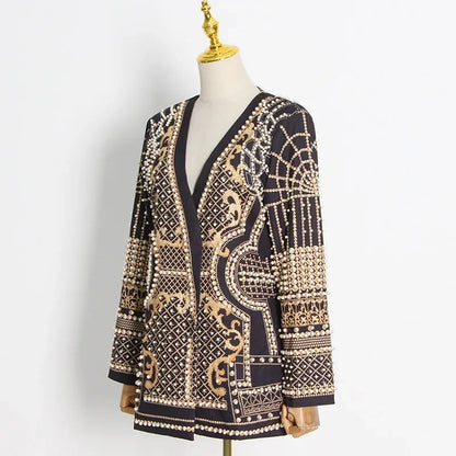 🍒Middellengte-jasse swart blazer met pêrels langmou V-nek-baadjie volmou met ingewikkelde borduurwerk-pêrelbesonderhede nuwerwetse klassieke klere geleentheidsklere Vier Sierlik