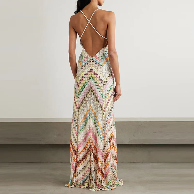 🍒Multi coloured backless dress sleeveless beachwear v-neck halter maxi vacation outfits for women high waist smart casual wear for women