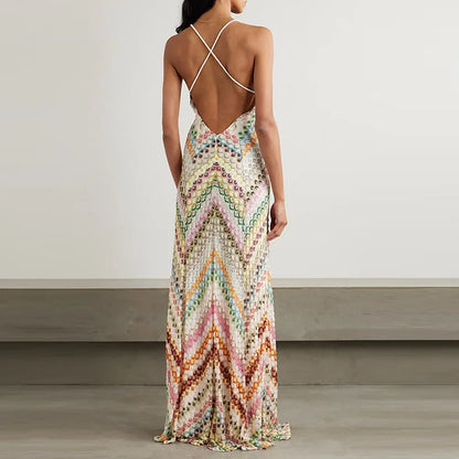 🍒Multi coloured backless dress sleeveless beachwear v-neck halter maxi vacation outfits for women high waist smart casual wear for women