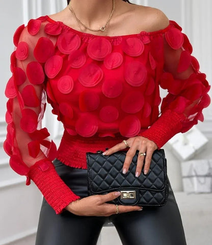 🍒Modern floral tops for women occasion shirred hem t-shirt design mesh patch long sleeve off the shoulder gigot Sleeve  bouse Y2k asthetic Hot Spot