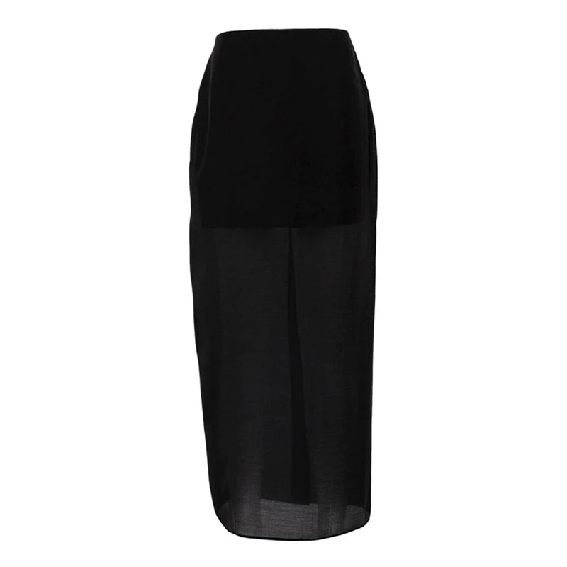 🍒Black mesh skirt long double-layer design perspective transparent maxi skirt high Waist slit hip loose female summer fashion party occasion wear Step In See Through