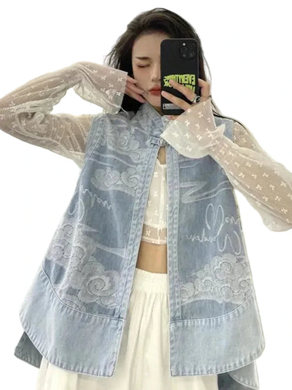 🍒Denim Vests womens spring sleeveless jacket for autumn fashion denim waistcoat outer wear all-match cool daily chic loose casual vintage style clothes versatile Y2k clothing  Dash-on Denim Daily