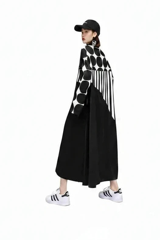 🍒Long sleeve loose fit shirt dress plus size woman black outfit with Dots striped fashion printed large smart casual dresses Spot The Stripes