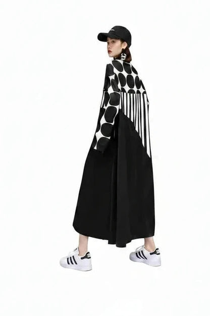 🍒Long sleeve loose fit shirt dress plus size woman black outfit with Dots striped fashion printed large smart casual dresses Spot The Stripes