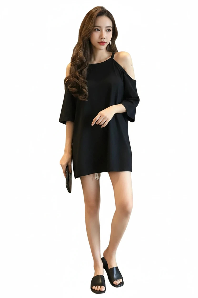 🍒Cold shoulder t-shirts women plain tops sphagetti straps Y2k clothing fashion tees female  casual clothes Grow Your Carrots And Peas its black and white
