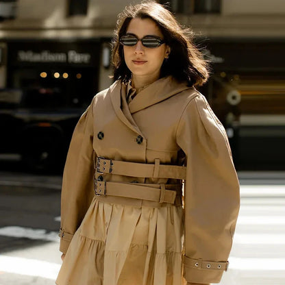 🍒Hooded trench coat women casual puff sleeve outerwear. double breasted belted cropped Jacket khaki fashion clothing                               2.long trench version  Travel Along Cool Double Belt