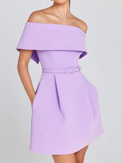 🍒Mixed media fashion short sleeve mini dress off the shoulder sleeves spring summer fashion solid party wear occasion wear Show A' Shapely Shoulder