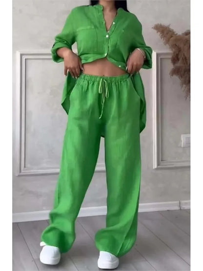 🍒two piece sets casual long sleeve womens shirt with pockets and fashion loose wide leg pants outfit smart casual clothes         Ba-sick