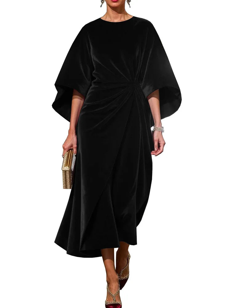 🍒Women's velvet dress fashion and elegant fitted waist outfit with batwing sleeves solid party wear Autumn occasion wear Purr -chase  Posh Plush