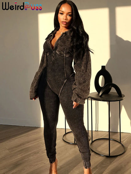 🍒Distressed Jumpsuit v-neck  solid ribbed skinny one piece long sleeve casual autumn trendy outfits simple activity streetwear Look Optimistcally Colouful In Distress