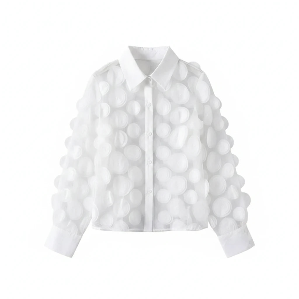🍒Elegante Franse bloes 3D blom semi-deursigtige gaashemp top vroue lanternmou bloese somer Pick A Peach Or Two
