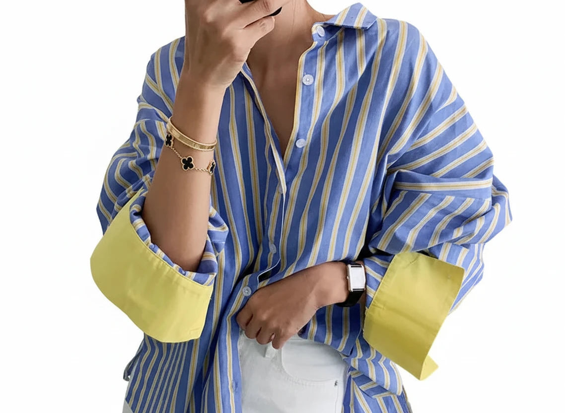 🍒Spring striped shirt loose for women fashion colour mid-length smart casual female fashion patchwork top summer clothes office wear  You wont be SOR i BET about buying this LEMON-y