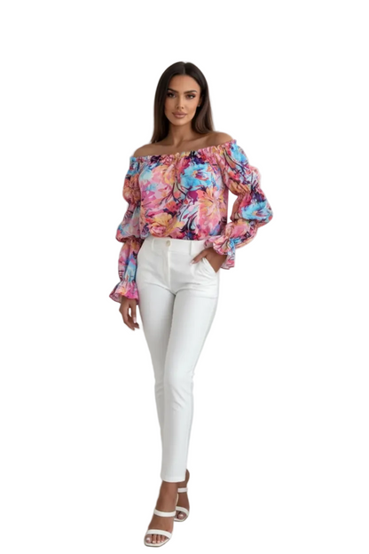 🍒Floral print off-shoulder blouse womens shirred puff sleeve top floral feminine casual ruffles shirt Tops Flower Up In A Puff
