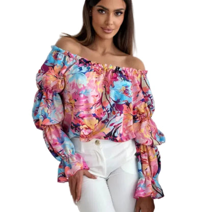 🍒Floral print off-shoulder blouse womens shirred puff sleeve top floral feminine casual ruffles shirt Tops Flower Up In A Puff