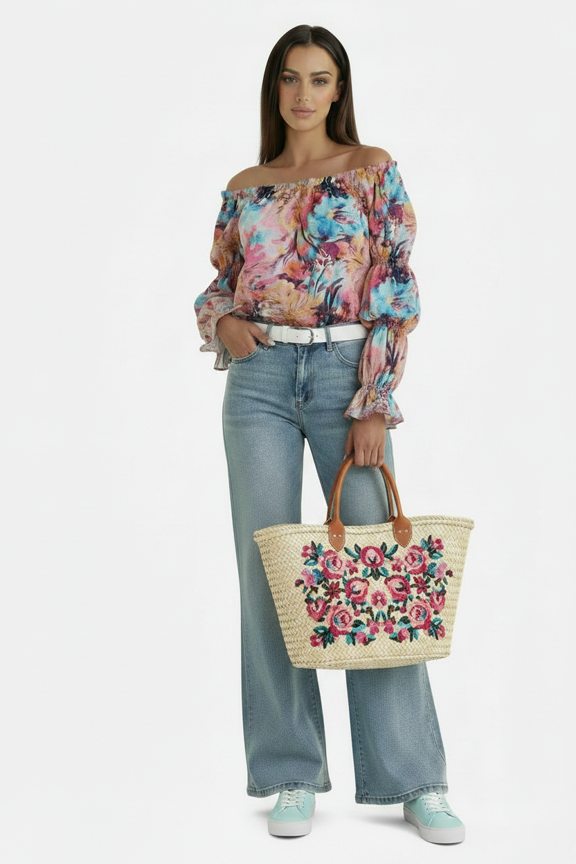 🍒Floral print off-shoulder blouse womens shirred puff sleeve top floral feminine casual ruffles shirt Tops Flower Up In A Puff
