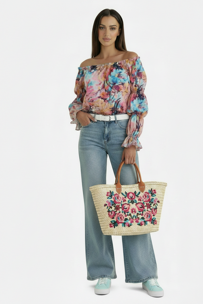 🍒Floral print off-shoulder blouse womens shirred puff sleeve top floral feminine casual ruffles shirt Tops Flower Up In A Puff