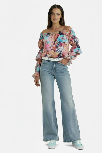 🍒Floral print off-shoulder blouse womens shirred puff sleeve top floral feminine casual ruffles shirt Tops Flower Up In A Puff