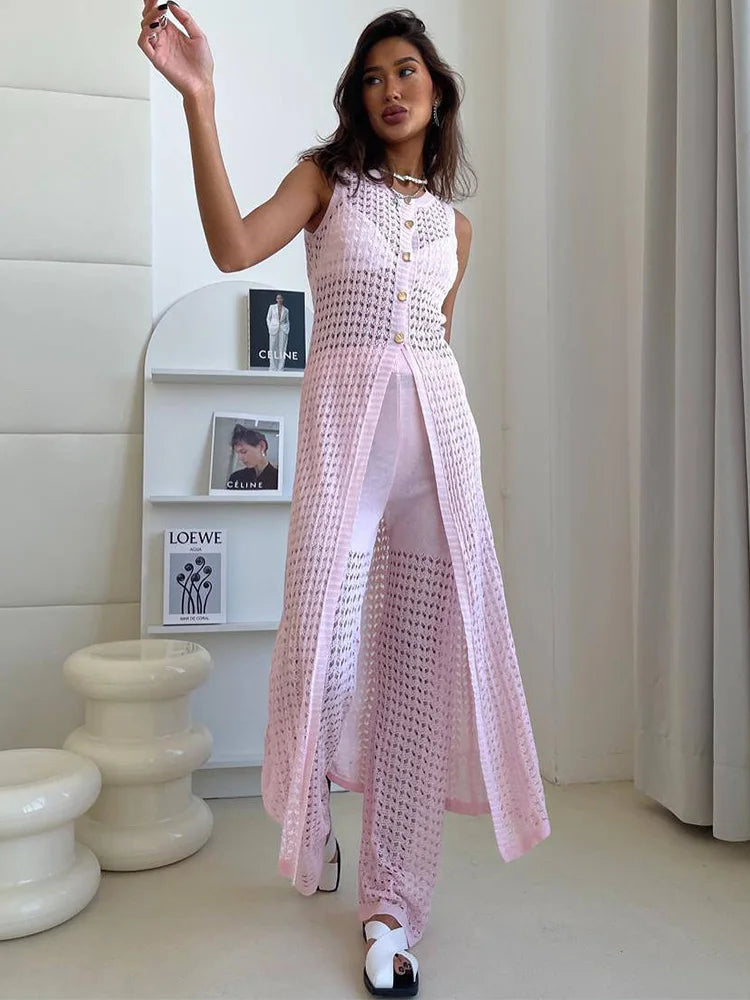 🍒Knit dress set womens summer wear mesh long cardigan cover up dress plus knitted high waist pants 2 piece set casual wear beach wear Cheerful Chalks