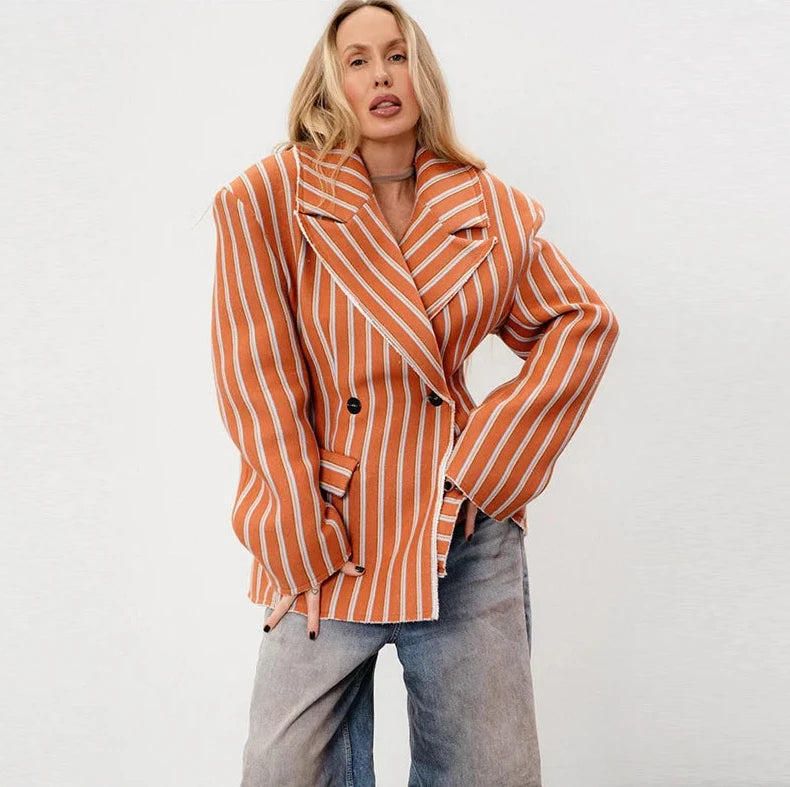 🍒Gestreepte baadjie, volmou-baadjie vir dames met gekerfde lapelkraag, dubbelbors lentejas, mode drag, kantoorklere   Look Sjokolade In Oranje