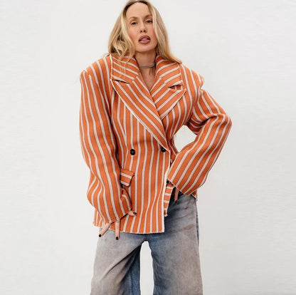 🍒Gestreepte baadjie, volmou-baadjie vir dames met gekerfde lapelkraag, dubbelbors lentejas, mode drag, kantoorklere   Look Sjokolade In Oranje