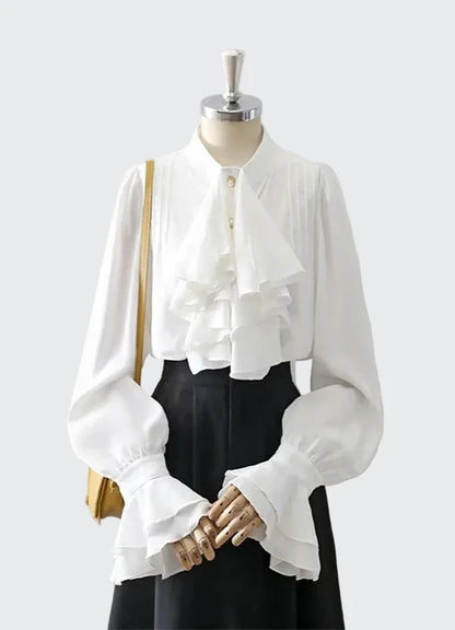 🍒Vintage blouse court style button fold flare sleeve slim pure white shirt with ruffles women elegant stand collar top female smart casual wear office clothing occasion clothing  No One Will Judge You With This Cool Court Style Blouse