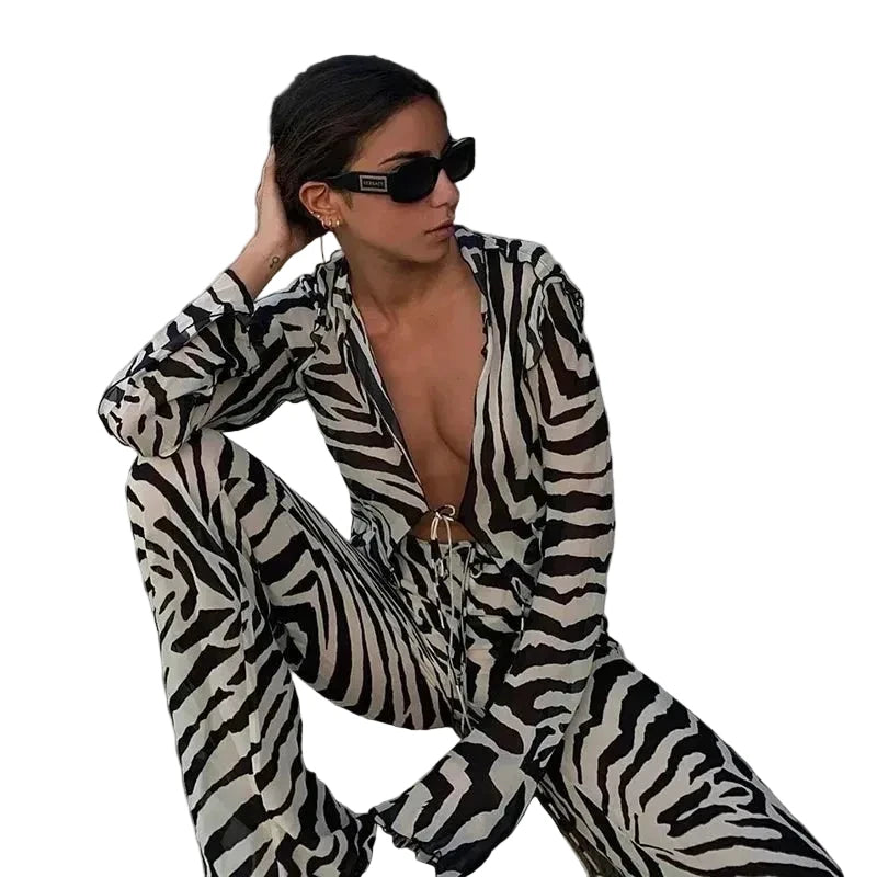🍒Zebra  print mesh top sheer stripeed shirt outfit for women set tie front detail top and matching pants fashion two piece sets holiday beachwear Do Hot Girl Hot Jungle in Cool Clothes