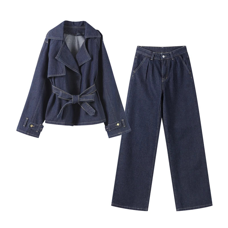 🍒Denim long pant set street Y2K fashion women lapel tie waist coat jacket plus straight leg jeans long sleeve Jacket and trousers jeans two piece suit ladies outfits smart casual clothes Dress Up In Denims
