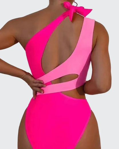 🍒Eenstuk-swemdrag kleurblok-botsing enkel skouer badpak bandjie-ontwerp hoë elastiese ruglose swemdrag tipe Europese styl swemkostuum met vasmaakbandjies SHOREly CHIC