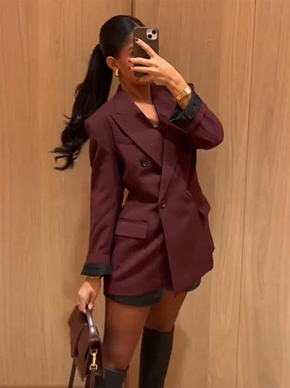 🍒Wine red blazer women's double breasted Jacket elegant suit coat female lapel long sleeveb outerwear officewear solid-fashion Its Time For Wine