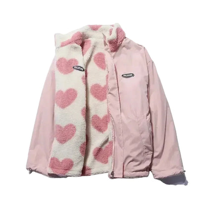 🍒Fashion Stand-up Collar OutwearFaux lambswool fur jacket women's warm coat autumn winter outerwear for women heart print stand collar coat Ya Hearts Printed On This