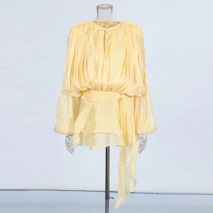 🍒Soliede dasnekrok met hoë middellyf en ruffle vir vroue, langmou mini-partytjieklere, klubdrag, geleentheidsklere, vroulike mode, Swier In Ruffles