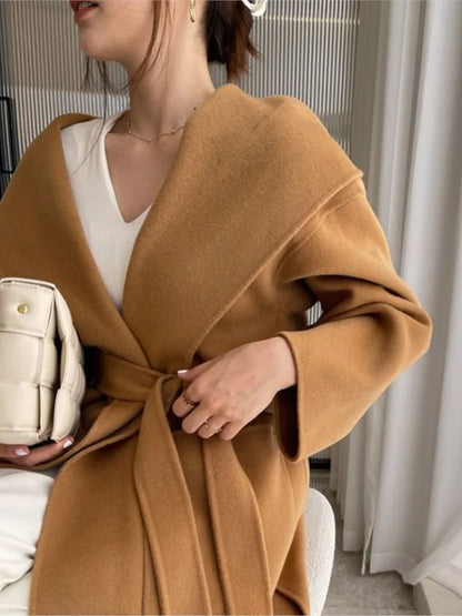 🍒Loose winter coat women solid over coat for women wool hooded coats trendy outerwear oversize vintage female elegant sash and pocket warm street fashion Wrap This Up