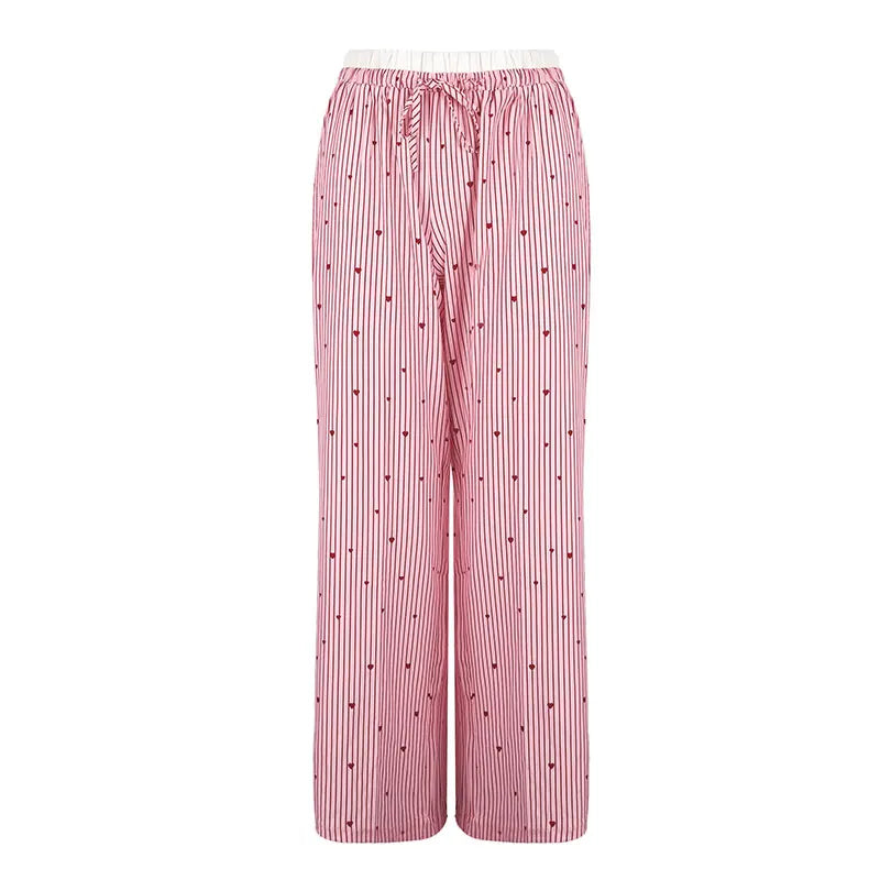 🍒Women's striped summer trousers streetwear fashion love heart print ladies pants tie waist casual trousers pink sweet Female fashion clothing Cool Out In Cotton candy