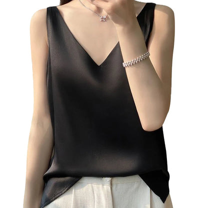🍒Women's silky tank top camisole for summer beautiful satin loose v-neck vest sleeveless tops