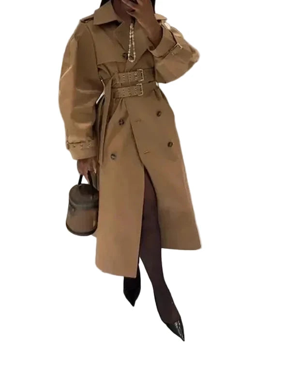 🍒Hooded trench coat women casual puff sleeve outerwear. double breasted belted cropped Jacket khaki fashion clothing                               2.long trench version  Travel Along Cool Double Belt