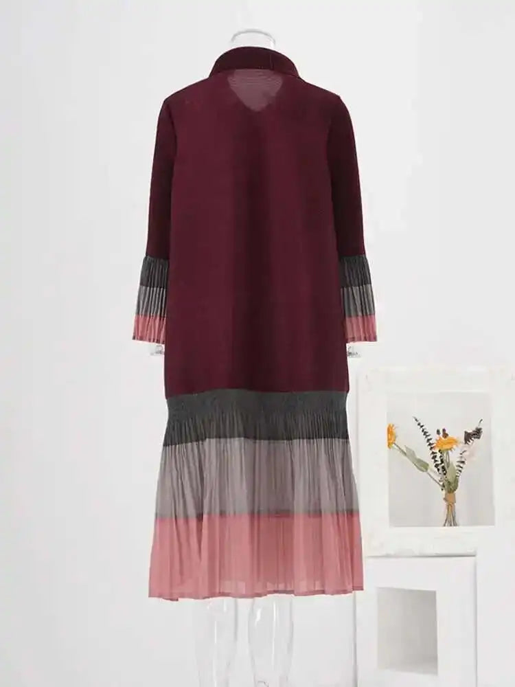 🍒Ruffle pleated midi dress lapel button and flared sleeve women fashion single breasted loose outfit contrast colour
