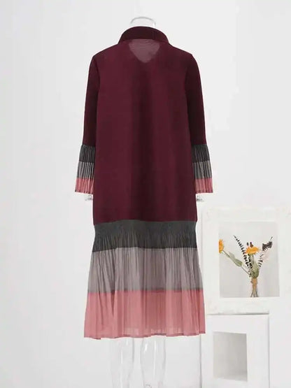 🍒Ruffle pleated midi dress lapel button and flared sleeve women fashion single breasted loose outfit contrast colour