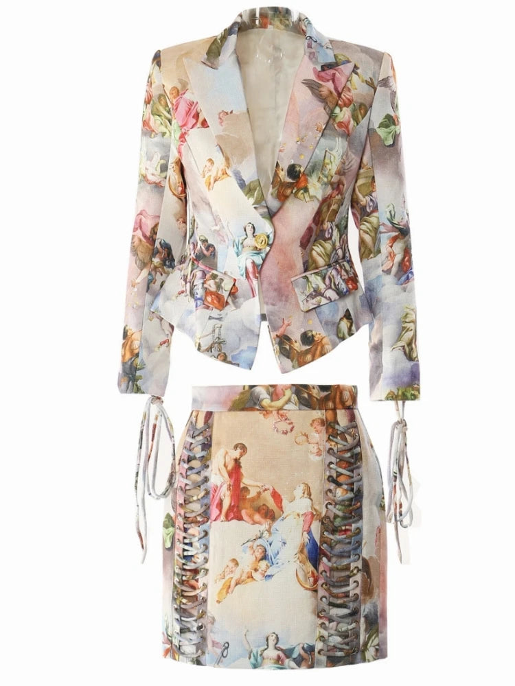 🍒Womens vintage printed blazer long sleeve button Jacket plus cross lace-up mini slim skirts sets evening wear clothing cherub classic print suit occasion party wear CROSS out boring SUITs on your list and get CLASSIC