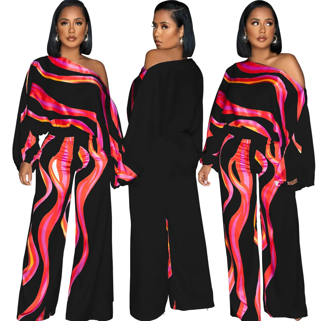🍒One side off shoulder jumpsuit pants and top one piece print long sleeve rompers casual high waist wide leg pants overalls loose fit elegant office wear party wear occasion outfit