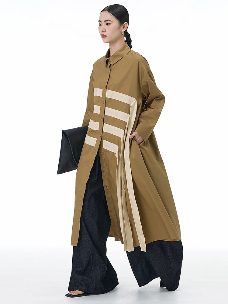 🍒black striped shirt dress women ribbon colour-block big size coat dress a-line with long sleeve and turn down collar fashion smart casual outwear Get A ZEBRA aCROSS a shirt dress cool thING