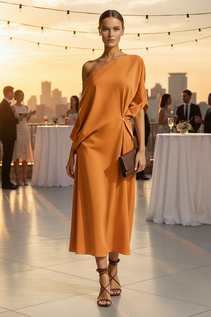 🍒Cold shoulder midi dress loose solid draped knot waist Irregular hem outfit for occasion holiday evening wear women elegant guest wear Pretty Perfect Pinched