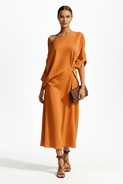 🍒Cold shoulder midi dress loose solid draped knot waist Irregular hem outfit for occasion holiday evening wear women elegant guest wear Pretty Perfect Pinched