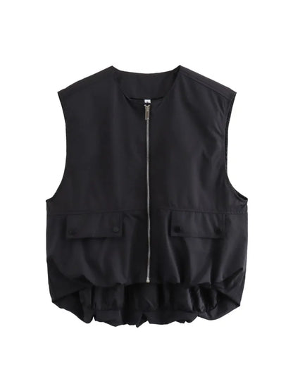 🍒Cargo style vest oversized light jacket o neck spring zipper pocket waistcoat female fashion crop top Y2K casual clothes Spring To This Zipper