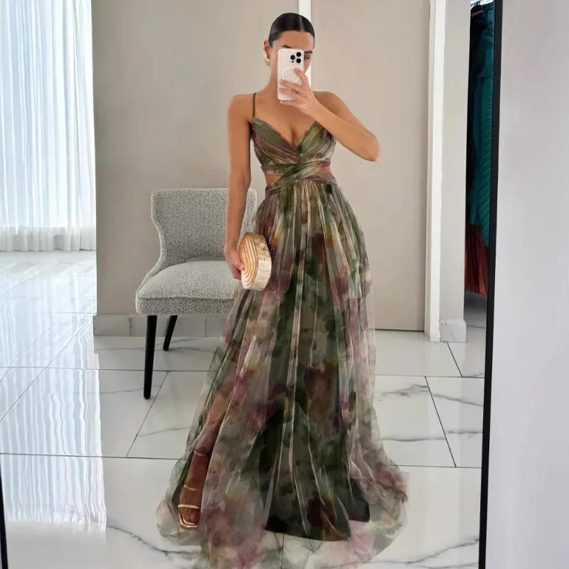 🍒Mesh evening dress spaghetti straps off shoulder vacation fashion outfit for summer party v-neck dress high waist backless occasion wear Mingle In A Mesh