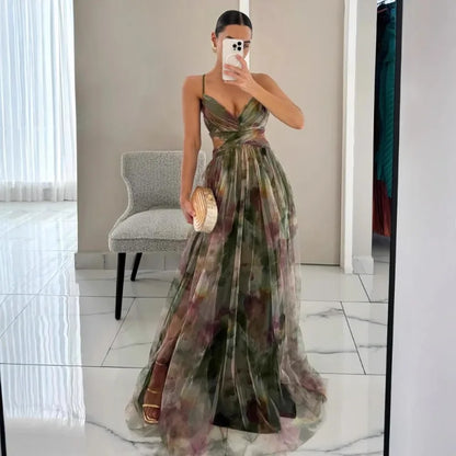 🍒Mesh evening dress spaghetti straps off shoulder vacation fashion outfit for summer party v-neck dress high waist backless occasion wear Mingle In A Mesh