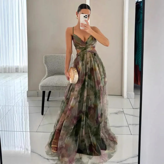 🍒Mesh evening dress spaghetti straps off shoulder vacation fashion outfit for summer party v-neck dress high waist backless occasion wear Mingle In A Mesh