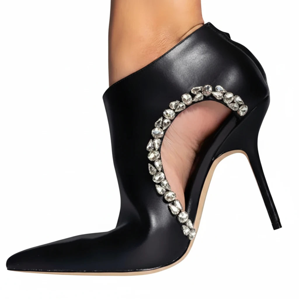 🍒Womens shoe booties genuine leather luxury brand stilettos with diamonds accent pointed toe open arch boots with back zipper leather fashion footwear office shoes occasion shoes Diamond Cut Gems