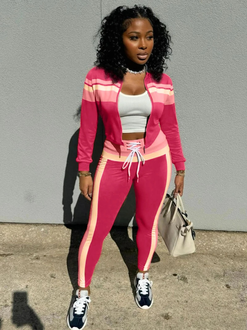 🍒Fashion tracksuit 2 piece set colour block fashion long sleeve Jacket with zipper and sporty pants for women fitness gym outfit female casual clothes Sport Colour