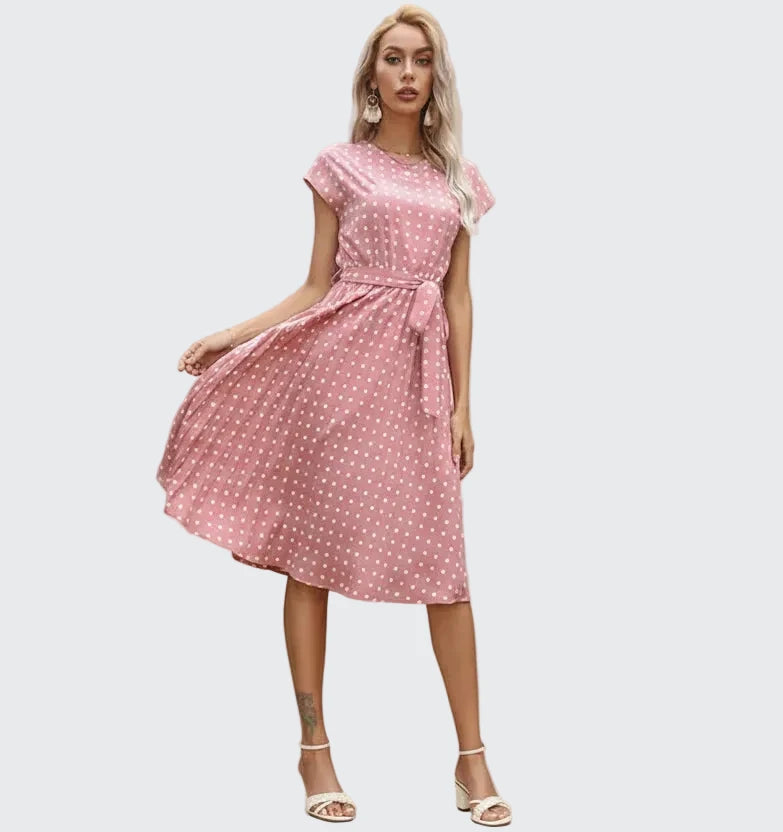 🍒Summer dresses for women high waist midi outfit with pleats elegant pleated polka dots short sleeve fashion office clothing vacation wear  Don’t Delay Dotties